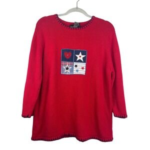 Sag Harbor Sport Red Patriotic Star Patch Knit Sweater L Americana Cottagecore L